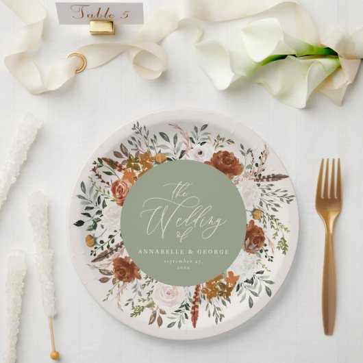 セージ緑のフローララスエレガントモダント結婚ス ペーパープレート (ウェディング)