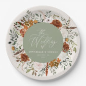 セージ緑のフローララスエレガントモダント結婚ス ペーパープレート (正面)