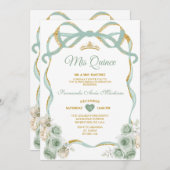 セージ緑のフローラリボン金ゴールドクラウンミカンス 招待状 (正面/裏面)