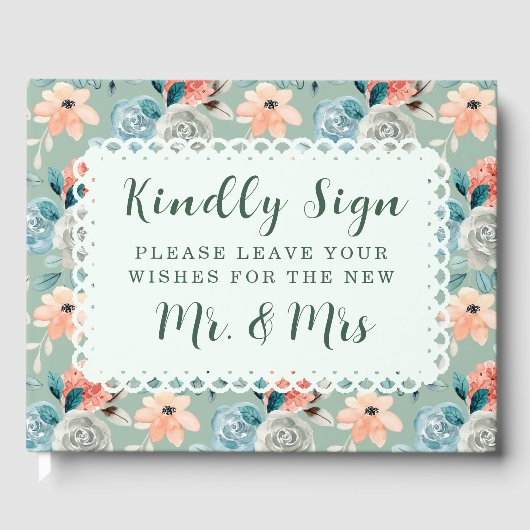 セージ緑のフローラレースエレガントな結婚書道 ゲストブック (正面)