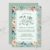 セージ緑のフローラレースエレガントな結婚書道 招待状 (正面/裏面)