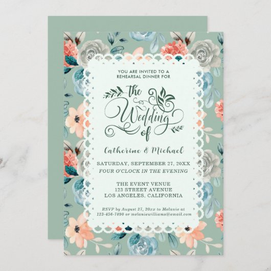 セージ緑のフローラレースエレガントな結婚書道 招待状 (正面/裏面)