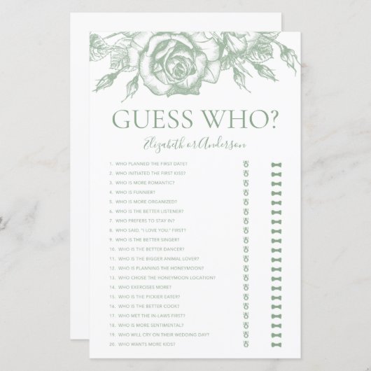 セージ緑のフローラ推測ブライダルシャワーゲーム (正面/裏面)
