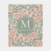 セージ緑のフローラ水色バラパターンモノグラム フリースブランケット (正面)