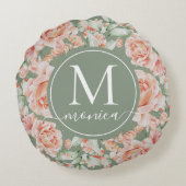 セージ緑のフローラ水色バラパターンモノグラム ラウンドクッション (裏面)