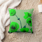 セージ緑のフローラ水色ポピー花 クッション (ブランケット)