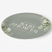 セージ緑のフローラ男女兼用ベビーシャワー ペーパープレート (アングル)