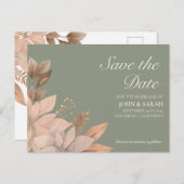 セージ緑のフローラ結婚式の日付はがきを保存 案内ポストカード (正面/裏面)