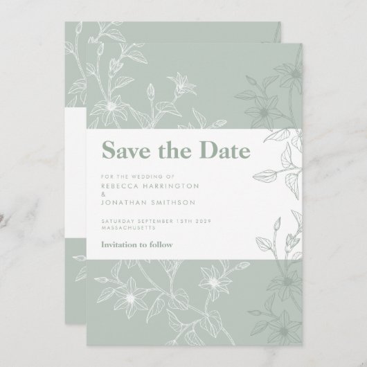 セージ緑のフローラ結婚式の日付カードを保存 招待状 (正面/裏面)