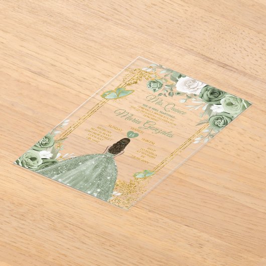 セージ緑のフローラ蝶金ゴールドフレームミカンス アクリル招待状 (レイダウン)