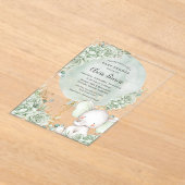セージ緑のフローラ象ニュートラルベビーシャワー アクリル招待状 (レイダウン)