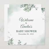 セージ緑のフローラ赤ちゃんシャワー女の子ウェルカムサインイン (正面/裏面)