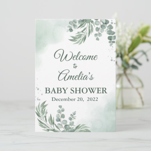セージ緑のフローラ赤ちゃんシャワー女の子ウェルカムサインイン (スタンド正面)