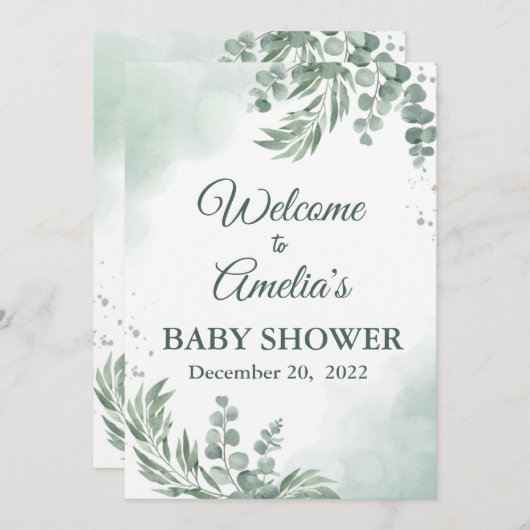 セージ緑のフローラ赤ちゃんシャワー女の子ウェルカムサインイン (正面/裏面)