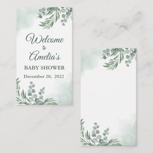 セージ緑のフローラ赤ちゃんシャワー女の子ウェルカムサインイン エンクロージャーカード (正面/裏面)