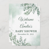 セージ緑のフローラ赤ちゃんシャワー女の子ウェルカムサインイン 招待状 (正面/裏面)