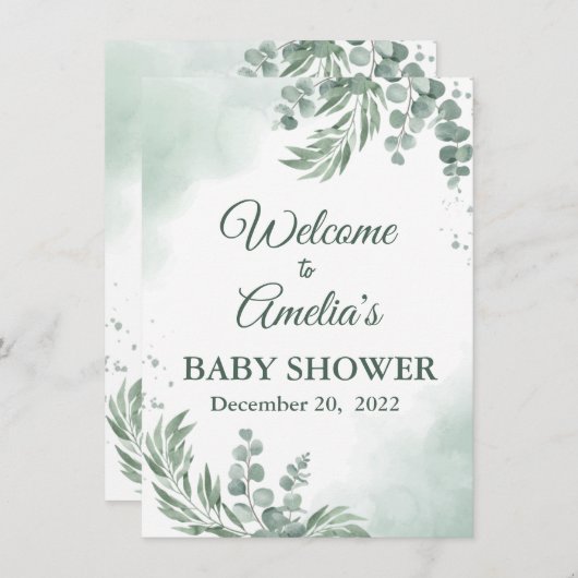 セージ緑のフローラ赤ちゃんシャワー女の子ウェルカムサインイン 招待状 (正面/裏面)