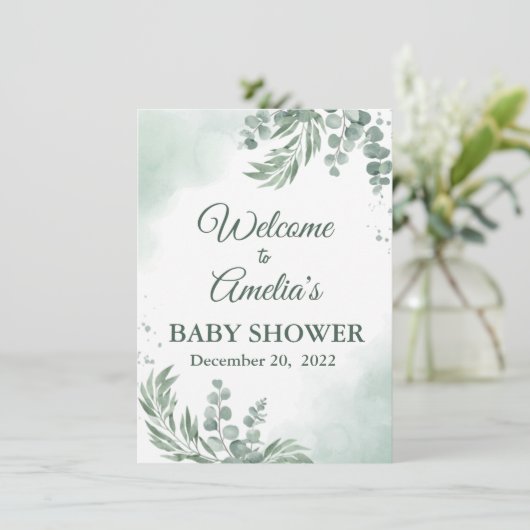 セージ緑のフローラ赤ちゃんシャワー女の子ウェルカムサインイン 招待状 (スタンド正面)