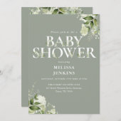 セージ緑のフローラQRコードベビーシャワー 招待状 (正面/裏面)