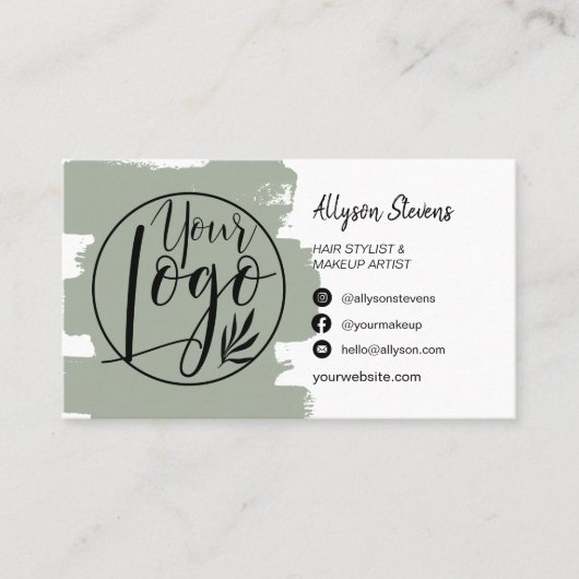 セージ緑のブラシの髪のメイクアップフォトロゴqrコード 名刺 (正面)