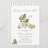 セージ緑のベビーカーベビー散水ベビーシャワー 招待状 (正面/裏面)