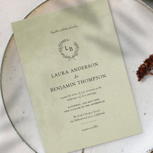 セージ緑のベルベットのテクスチャ結婚ミニマリスト 招待状