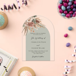 セージ緑のベージュバラパンパスア澄んーチ結婚ーズ アクリル招待状