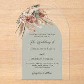 セージ緑のベージュバラパンパスア澄んーチ結婚ーズ アクリル招待状 (正面)