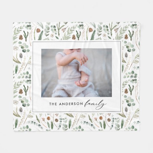 セージ緑のボタニカエレガントのモダン家族写真 フリースブランケット (正面(横))