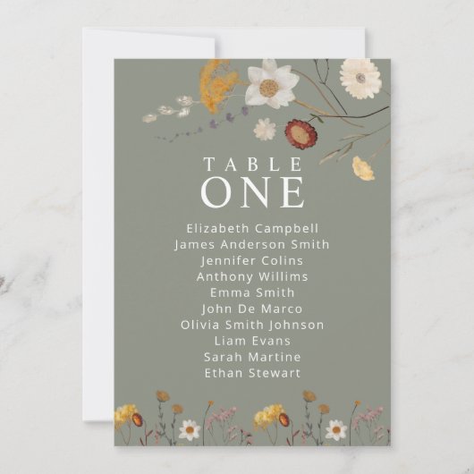 セージ緑のボホフローラテーブル座席チャードカード 招待状 (正面)
