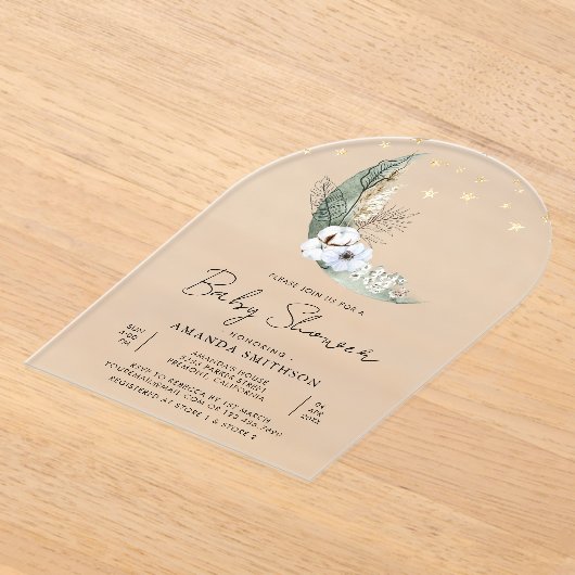 セージ緑のボホフローラムーンアーチ赤ちゃんシャワー アクリル招待状 (レイダウン)