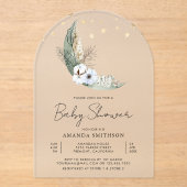 セージ緑のボホフローラムーンアーチ赤ちゃんシャワー アクリル招待状 (正面)