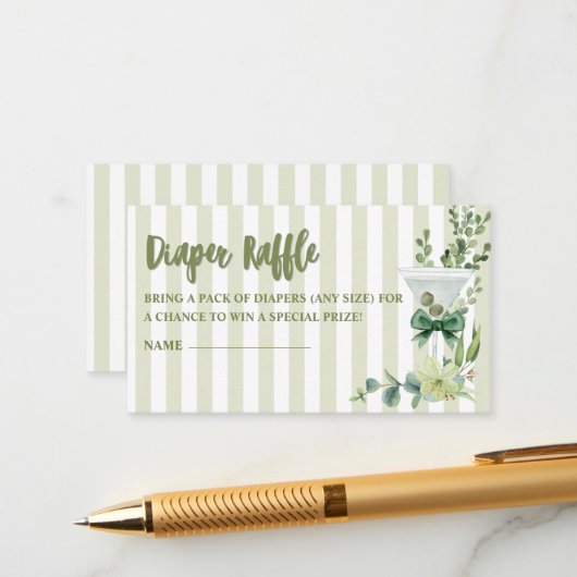 セージ緑のマルティーニ赤ちゃんシャワーおむつラッフル エンクロージャーカード (正面/裏面インサイチュ)