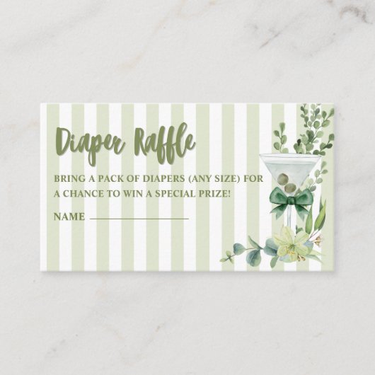 セージ緑のマルティーニ赤ちゃんシャワーおむつラッフル エンクロージャーカード (正面)