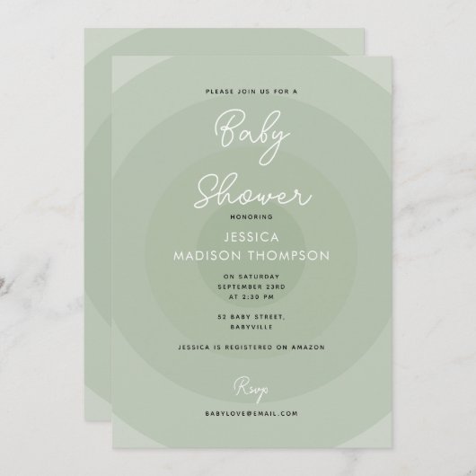 セージ緑のミニマリストサークルグラデーションベビーシャワー 招待状 (正面/裏面)