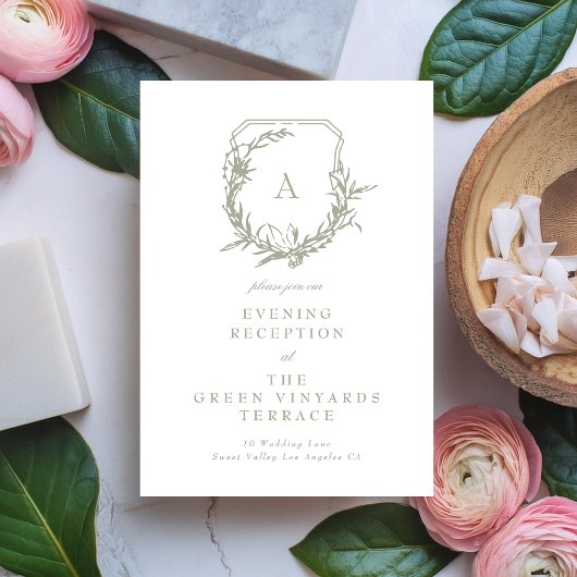 セージ緑のモノグラムクレストウェディングレセプション エンクロージャーカード