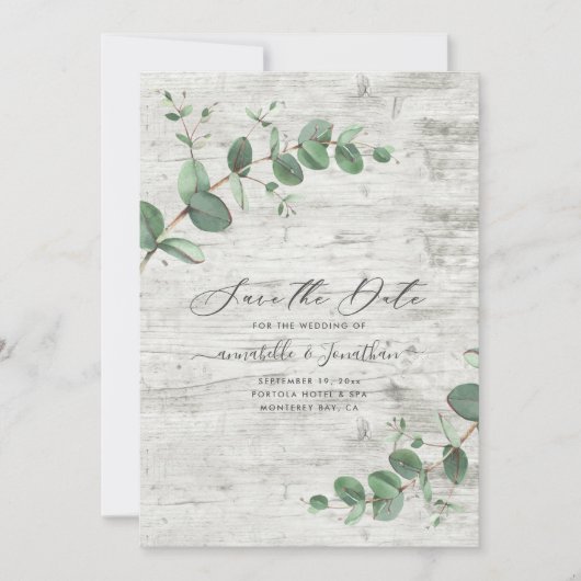 セージ緑のユーカリ植物性の葉の白い木 セーブザデート (正面)