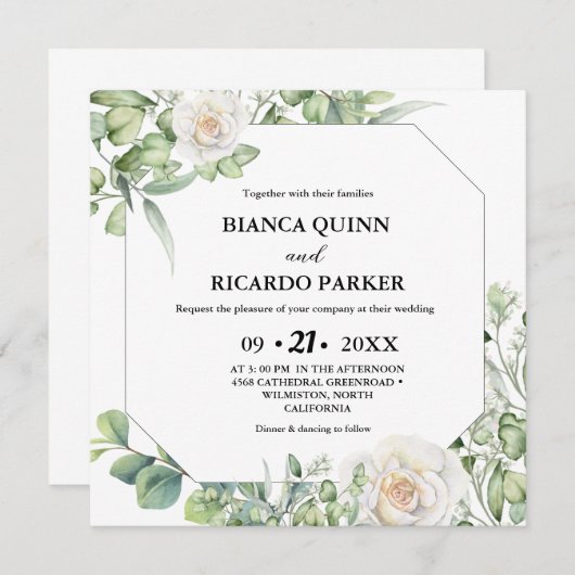 セージ緑のユーカリ結婚スクエア 招待状 (正面/裏面)