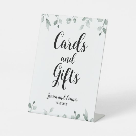 セージ緑のユーカリ緑のカードとギフト 台座サイン (正面)