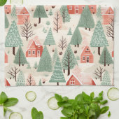 セージ緑のライトピンクパインコーン屋根と木 キッチンタオル (折り畳み)