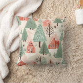 セージ緑のライトピンクパインコーン屋根と木 クッション (ブランケット)