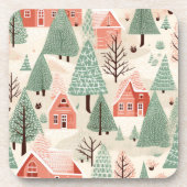 セージ緑のライトピンクパインコーン屋根と木 コースター (正面)