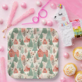 セージ緑のライトピンクパインコーン屋根と木 ペーパープレート (パーティー)