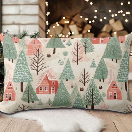 セージ緑のライトピンクパインコーン屋根と木 ランバークッション