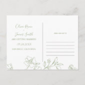 セージ緑のラインアートの花の結婚式の日付を保存 ポストカード (裏面)