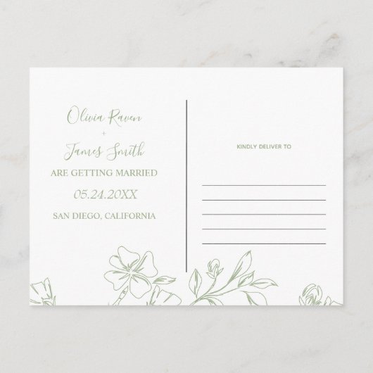 セージ緑のラインアートの花の結婚式の日付を保存 ポストカード (裏面)