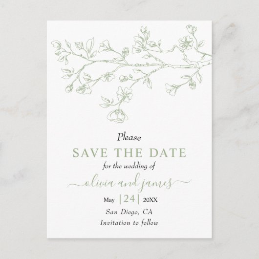 セージ緑のラインアートの花の結婚式の日付を保存 ポストカード (正面)