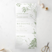 セージ緑のラインアートの花結婚写真 三つ折り招待状 (内部)