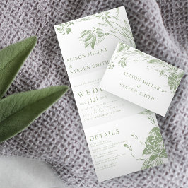 セージ緑のラインアートの花結婚写真 三つ折り招待状