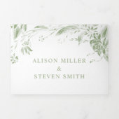 セージ緑のラインアートの花結婚写真 三つ折り招待状 (カバー)